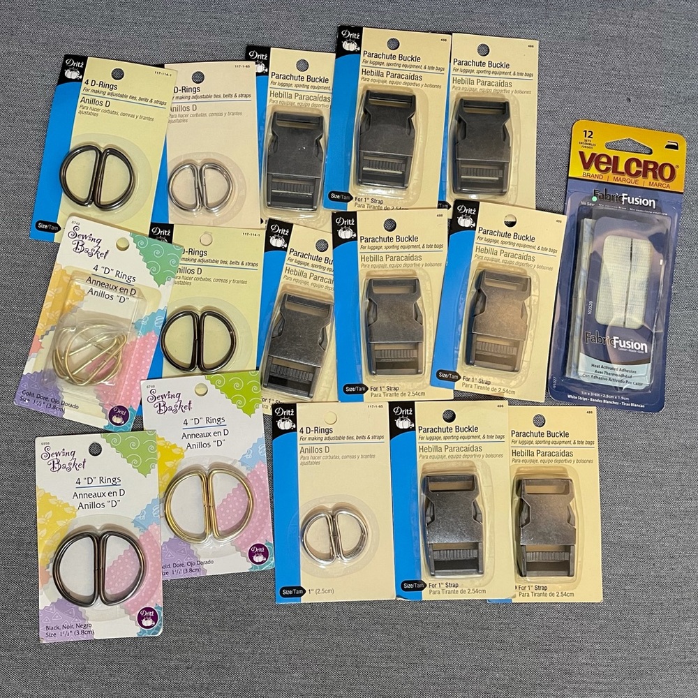 NWT- Bundle of Dritz "D" Rings & Metal Parachute Buckles, plus Velcro (16 total)